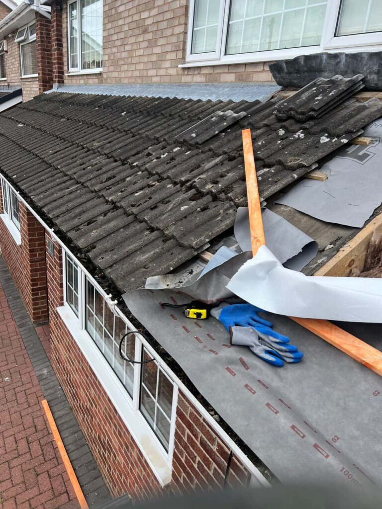 This is a photo of a pitched roof which is being repaired. The existing roof was leaking badly. Works carried out by LJ Roofing Chippenham